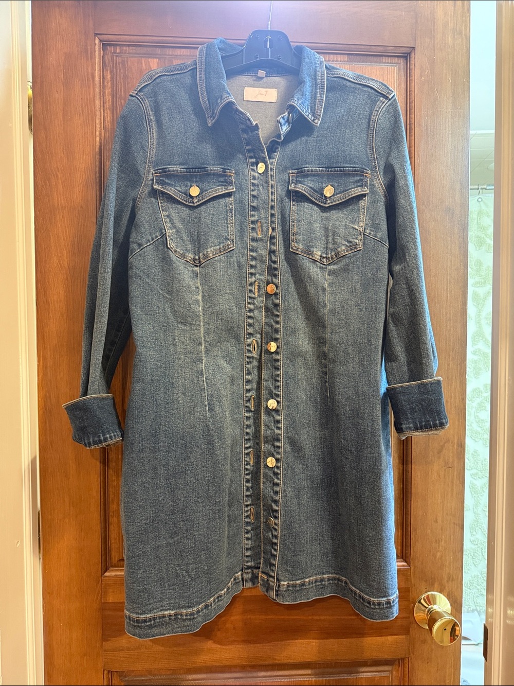 Women's Dark Blue Denim Shirt Jacket Dress - Casual Button-Front